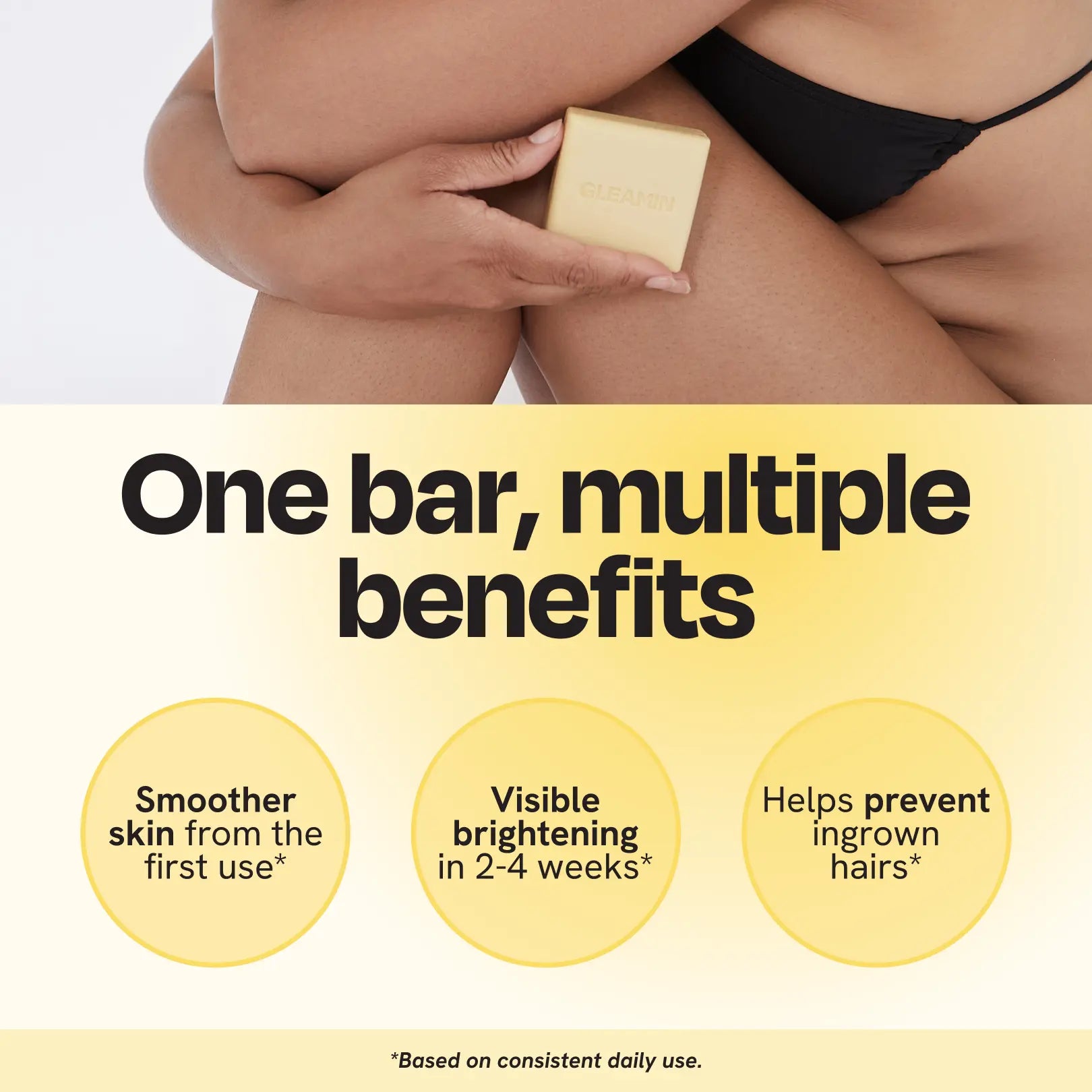 Person holding a bar of soap with text about its benefits on a yellow background