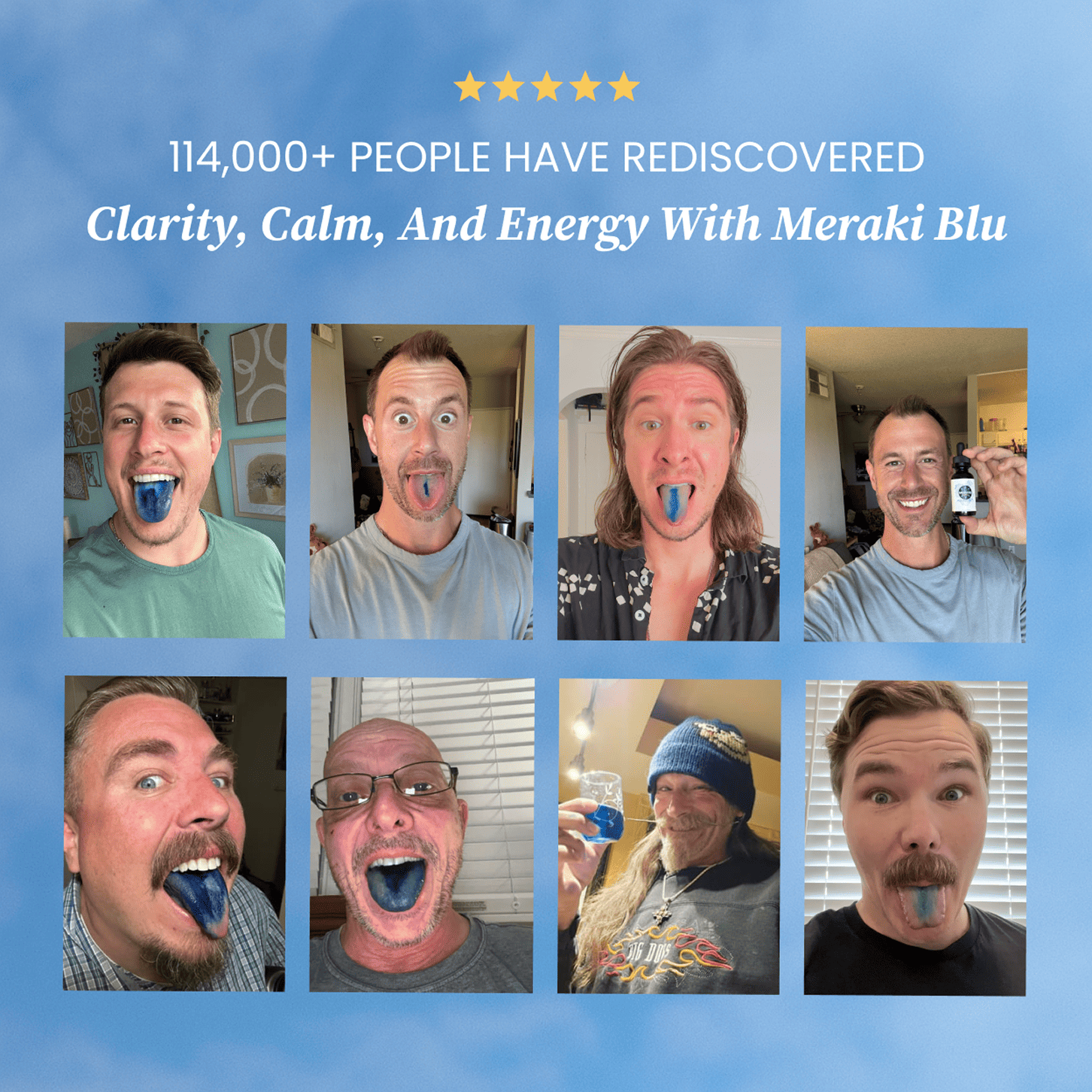 Collage of people with blue substance in their mouths against a blue background with promotional text.